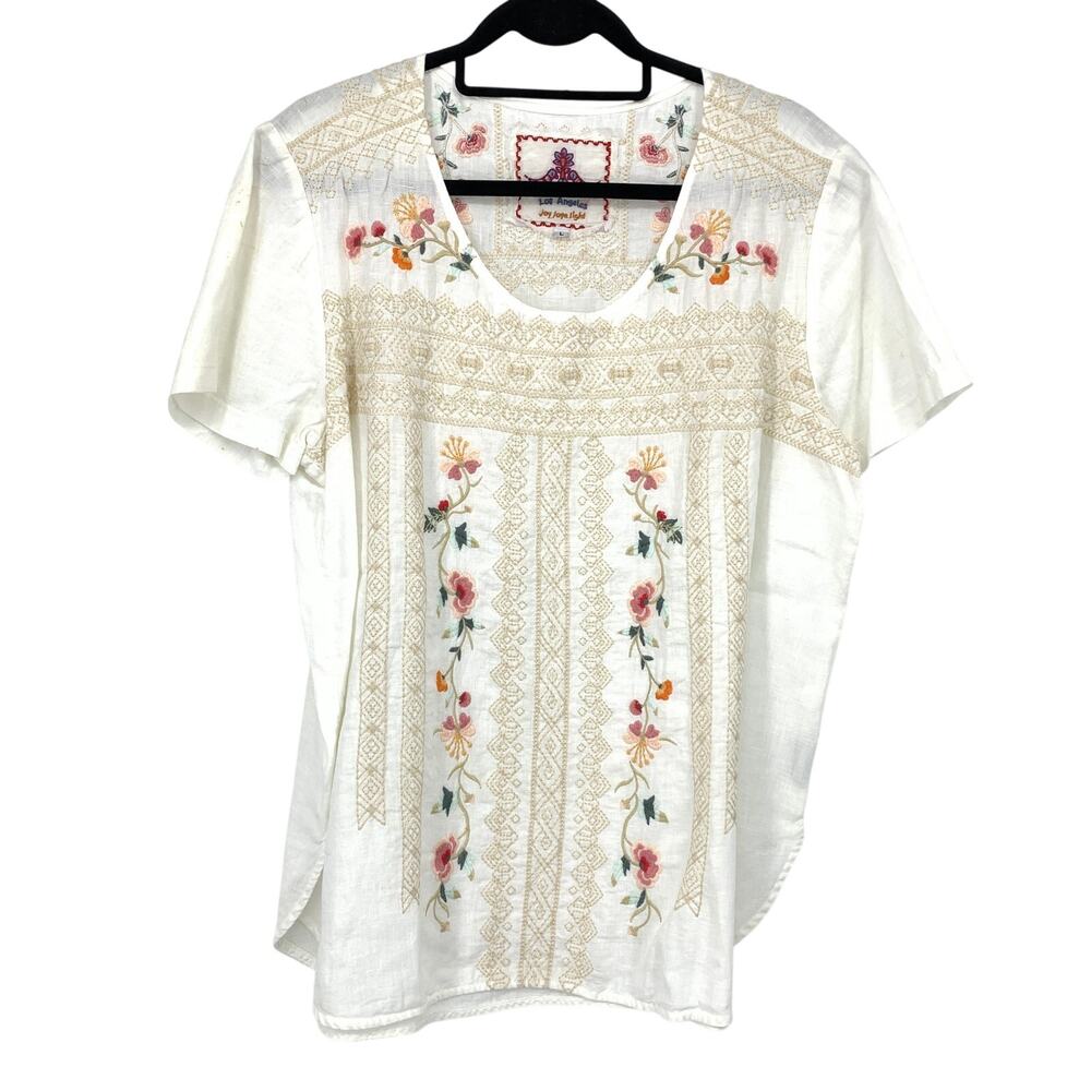 Johnny Was Short Sleeve Round Neck Top Womens L White Floral Embroidered Linen
